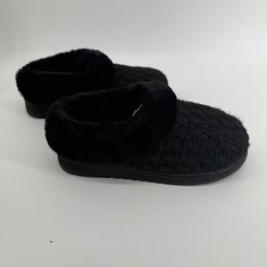 Dearfoams Womens Black Cable Knit Faux Fur Trim Clog Slippers Size Medium 7-8